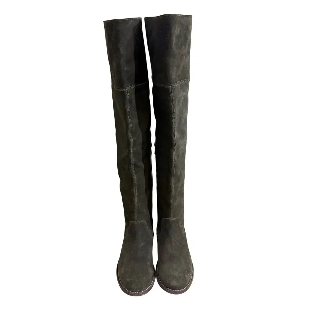 Frye Moss Green Suede Over the Knee Boots Women's Size 7 EUC Pull On/Side Zip